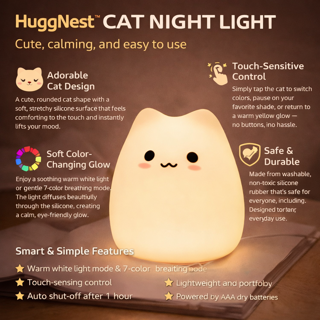 HuggNest™  Stretchy Cat Squishy Night Light  - Gentle Glow with Playful Comfort 🐱