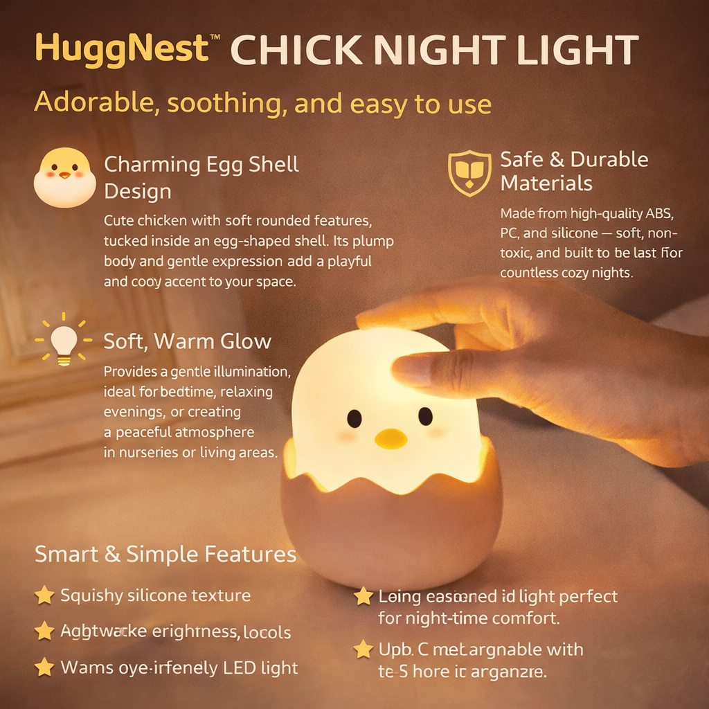 HuggNest™ Cute Egg Shell Chicken Squishy Night Light - Gentle Glow with Charming Whimsy🐣