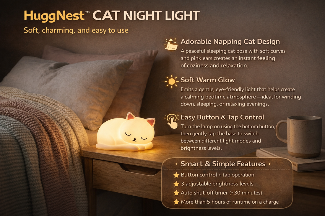 HuggNest™ Squishy Napping Cat Night Light - Gentle Glow with Sleepy Cat Charm 🐱
